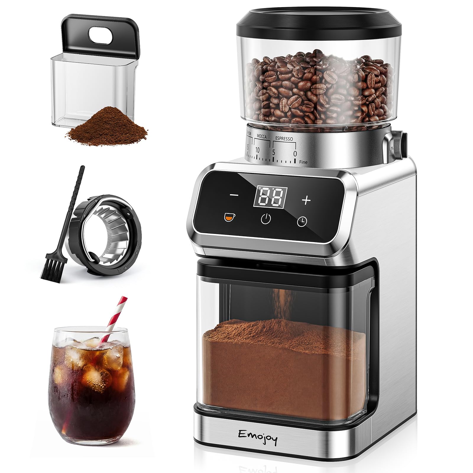 Photo 1 of Burr Coffee Grinder Electric, 30 Grinding Settings Emojoy Coffee Bean Grinder, Burr Coffee Grinder for Home Use, Touchscreen and LED Control Panel, Stainless Steel, Conical Burr Grinder