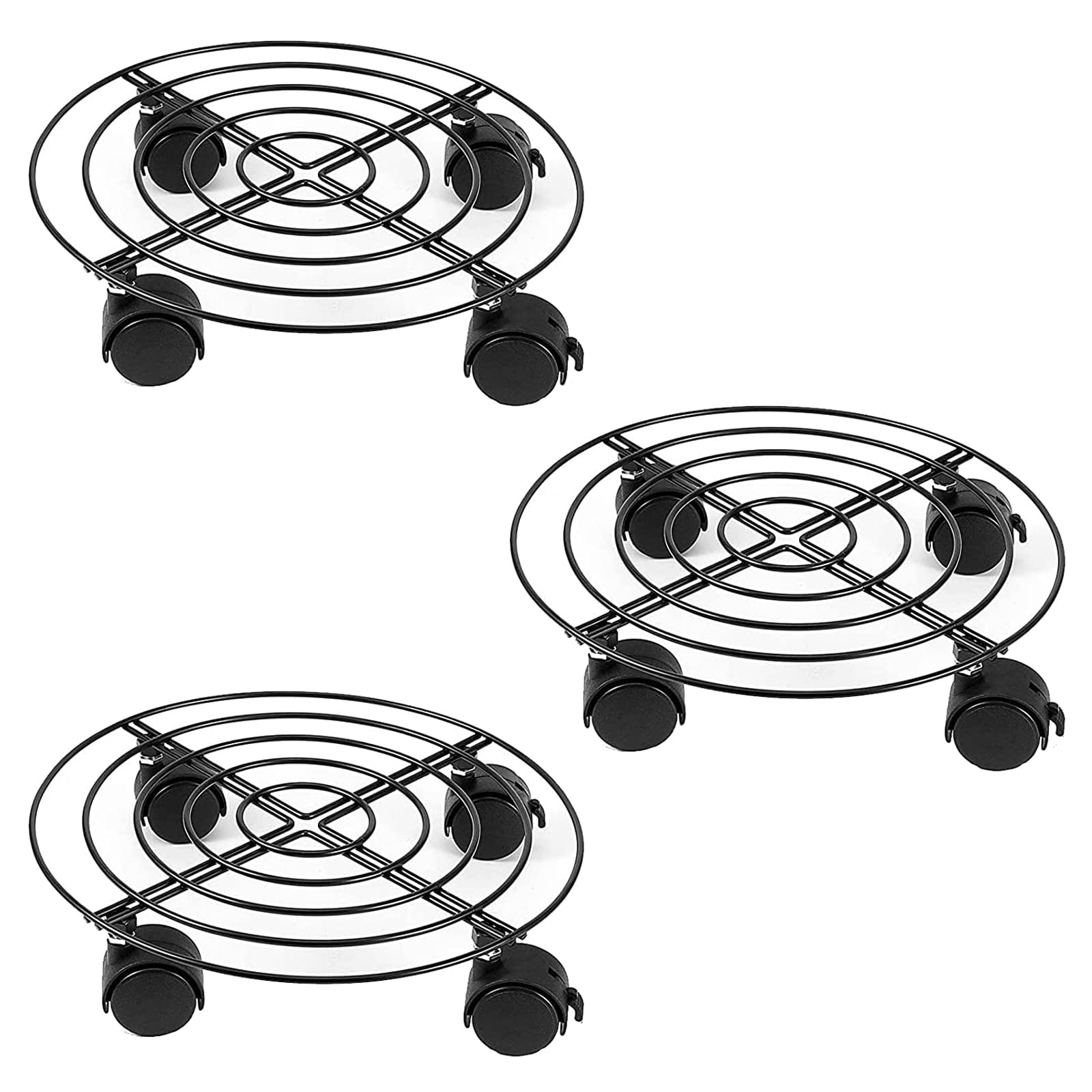 ZOENHOU 3 Pack 10.6 Inch 27cm Metal Plant Caddy with Wheels, Round Garden Flower Dolly Movable Wheels Rolling Stand Trolley for Planter Pot Indoor Outdoor Home, Black