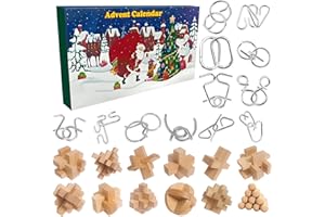 CJXSHHAMZ Brain Teaser Advent Calendar 2025: 24-Day Christmas Countdown Box with IQ Logic Puzzles for Kids, Teens & Adults | 12 Metal & 12 Wooden Teaser Puzzles; Logic Test Gifts for Boys & Girls