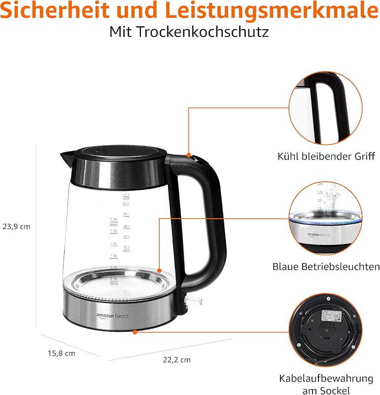 Wasserkocher Glas Edelstahl 1,7L, 2200W, Automatische Abschaltung