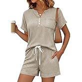 Yousify 2 Piece Short Sets for Women Summer 2026 Lounge Short Sleeve Henley Outfits Sweatsuit with Pocket