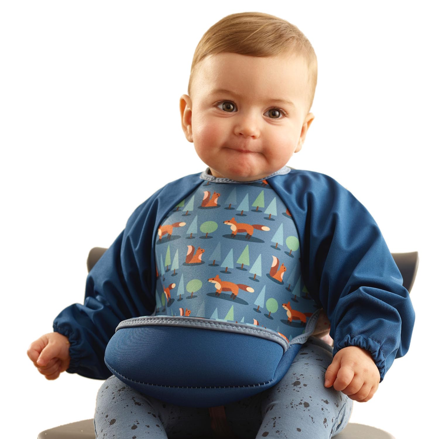 Bibetta Ultrabib - Weaning bib with sleeves - Premium Neoprene for Comfort - Waterproof - Baby bibs with Crumb Catcher Pocket for Feeding Toddler & Babies - Roll Up and Machine Washable (Blue Foxes)