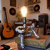 PIPRE Music Guitar Table Lamp Art Decor, Cool Guitar Stuff Gifts for Men Music Lovers Guitar Players, Steampunk Pipe Man Edison Bulb Lamps, Retro Guitars Metal Pipe Industrial Robot Lights