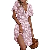 ETCYY NEW Womens Summer Dresses Slant Open V Neck Floral Printed Sundresses Flowy Dress Short Sleeve