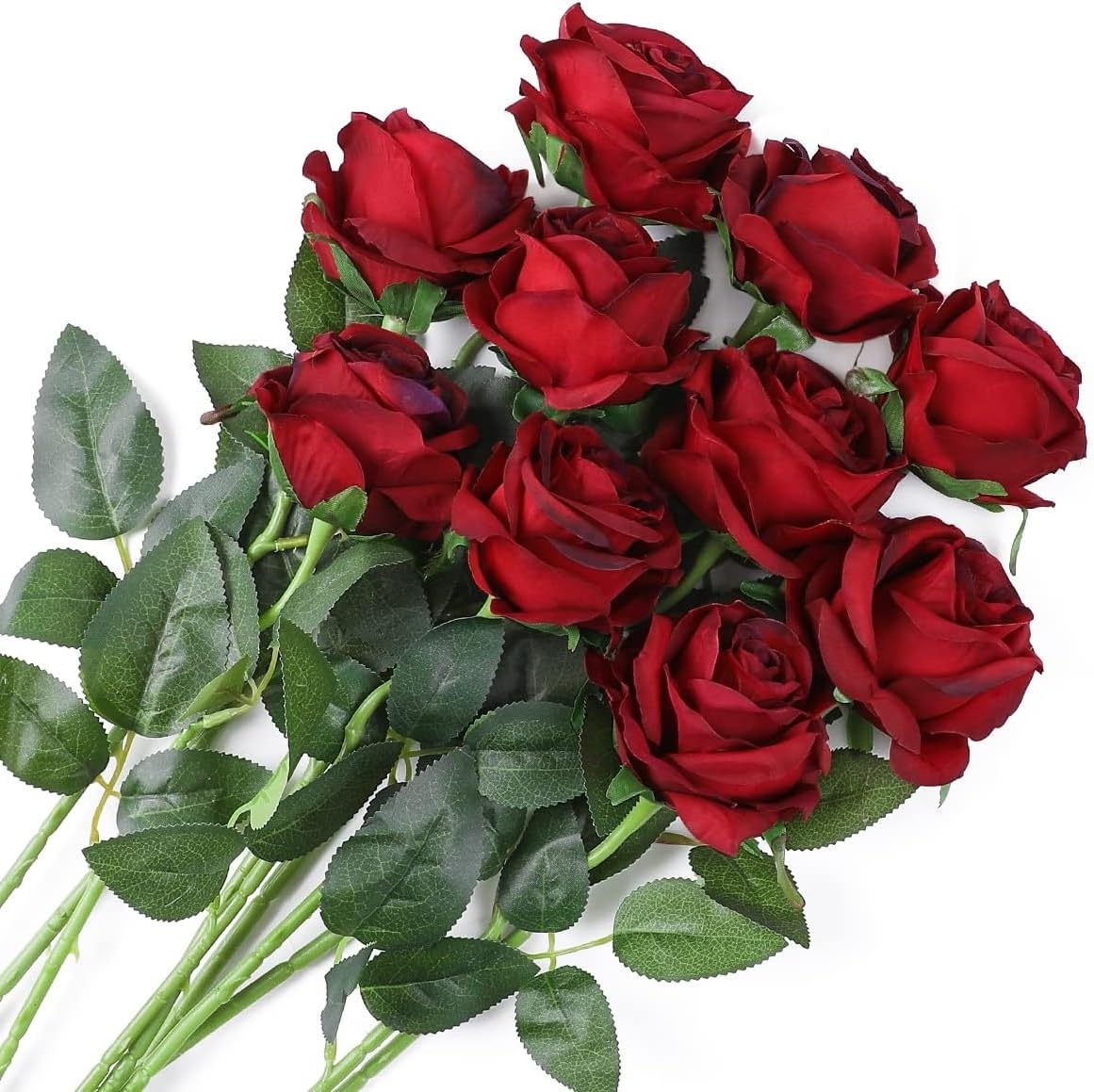 Veryhome 10 Pcs Artificial Roses Silk Flowers Fake Single Stem Blooming Rose Bridal Bouqets For Wedding Home Birthday Party Arrangment Garden Decoration (Wine Red-Blooming Roses)