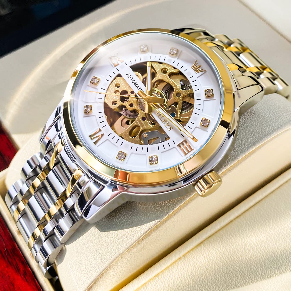 OLEVS Men’s Gold Skeleton Watch Automatic Mechanical self Winding Luxury Dress Stainless Steel Waterproof Luminous Wrist Watches
