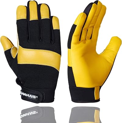 SAWANS Leather Gardening Gloves Dexterity Breathable Thorn Proof Work Safety (L)