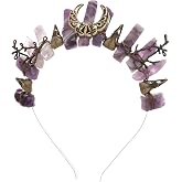 CoTeeZa Fairy Crystal Crow Skull Crown - Raw Quartz Witch Tiara with Bronze Moon