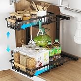 XNREOZLM Under Sink Organizer, 2 Tier Metal Under Sink Organizers and Storage, Height Adjustable Slide out Pull out Cabinet Organizer for Kitchen Bathroom