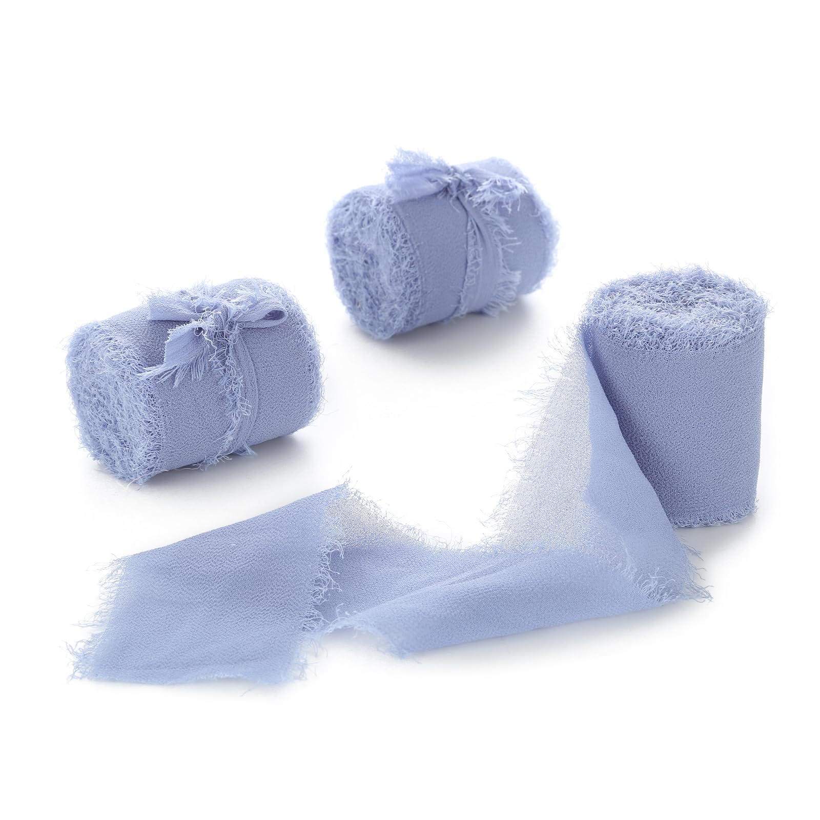 Dusty Blue Chiffon Ribbon 3 Rolls 1.5 inch X 5 Yard Handmade Fringe Silk Chiffon Ribbon Set for Gift Wrapping, Wedding Invitations, Bridal Flower Bouquets, DIY Crafts — image 1