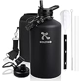 KOLETIKO 1 Gallon Water Bottle Insulated(COLD for 36 Hrs), Non-BPA & Leak Proof, 128 oz Sports Stainless Steel Water Jug Large with Paracord Handle, Straw & Spout Lid, Magic Black