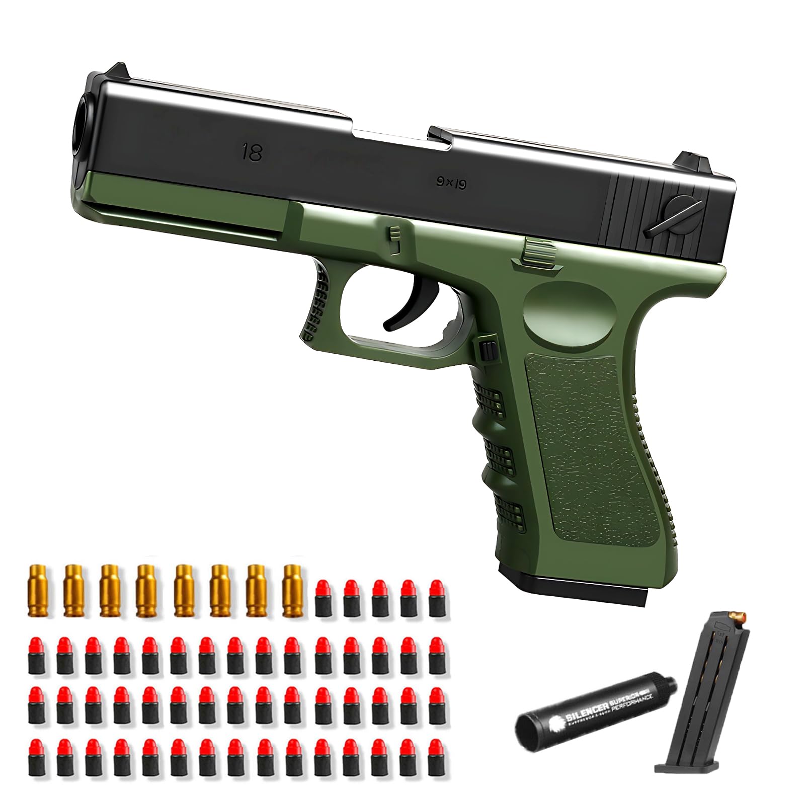 SiheToys Toy Guns with Soft Bullets, Green Plastic Toy Pistol for 14+, Education Foam Blaster Birthday Present for Outdoor Indoor Play，with 50 Soft Bullets