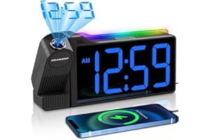 Peakeep Projection Alarm Clock for Bedroom Ceiling 180° Rotatable, Loud for Heavy Sleepers, Colorful Nightlight, 5 Brightness Dimmable Large Number Bedside Electric LED Digital Clock with USB Port