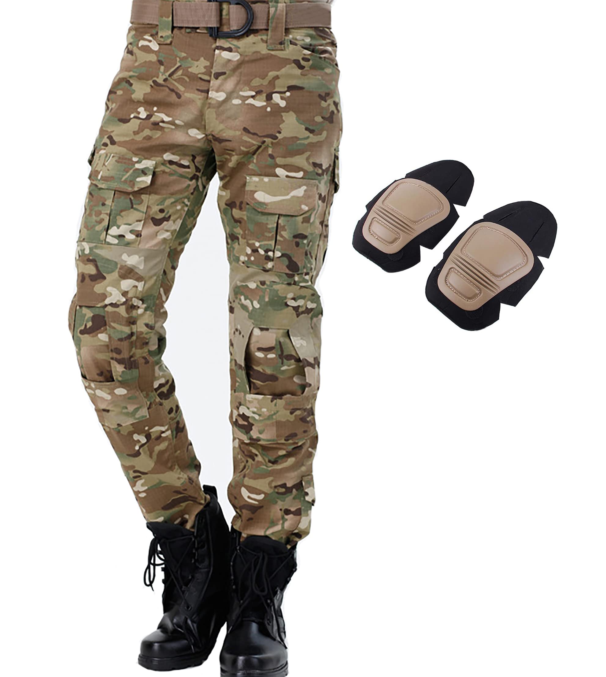 Men's Tactical Combat Trousers with Knee Pads, Ripstop Multi-Pocket Airsoft Paintball Pants for Outdoor Hiking Hunting, Durable Cargo Work Trousers (UK, Alpha, L, Regular, Regular, Multi-camo)