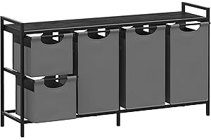 Yifeel Laundry Hamper with shelf, Laundry Basket 4 Section, Laundry room organization, Laundry Sorter with Pull-out 5 clothes bags(All 195.1L), Bedroom, Bathroom and Dorm, Black and Gray JLH003BG