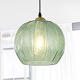 TESTOYS 9.8'' Green Glass Pendant Lighting, Single Large Globe Chandelier with Ribbed Glass Lampshade, Nordic Ceiling Hanging