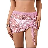 OYOANGLE Women's Hollow Out Crochet Knit Cover Up Skirt Ruched Drawstring Boho Beach Skirts