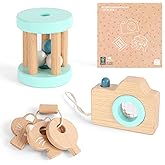FReniland Wooden Montessori Toys, 3-Piece Wooden Baby Toys, Rotating Drum Toy, Camera Kaleidoscope Toys, Baby Key Rattles,Newborn Baby Gift Sets for Boys and Girls