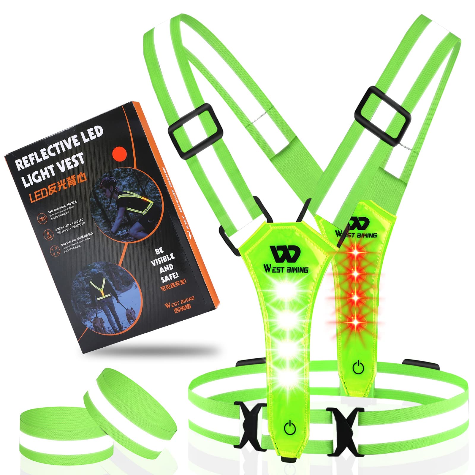 ICOCOPRO LED Reflective Vest Running Gear, High Visibility Running Vest USB Rechargeable Running Lights for Runners with Armbands, 360°Visibility, Adjustable LED Vest Lights for Night Jogging Running