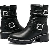 Ruiee Ankle Boots for Women Combat Boots Low Heel Short Booties Round Toe Side Zipper Womens Boots.
