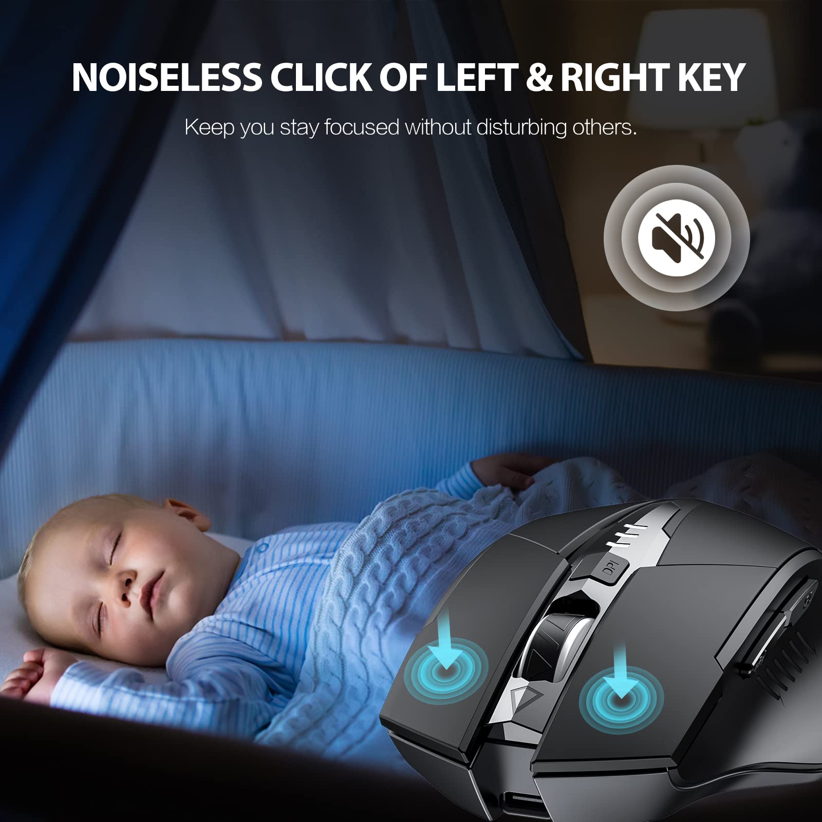 inphic Maus Kabellos Wiederaufladbare 700mAh Akku, Pro 2,4G 1600DPI USB funkmaus mit Anzeige des Batteriestands für Computer, Laptop, PC, 6 Tasten, USB-Empfänger, Schwarz 4