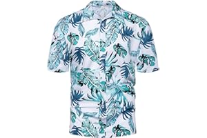 DGOOPD Mens Hawaiian Shirt Short Sleeve Tropical Shirts Button Down Holiday Casual Regular Fit T Shirt Leaf Print Shirt