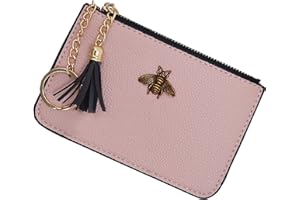 AnnabelZ Women's Coin Purse Change Wallet Pouch Leather Card Holder with Key Chain Tassel Zip (Light Pink)