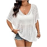 BEAUDRM Women's Plus Size Boho Hollow Out Crochet Tops Knit Sheer Short Sleeve Lightweight Summer Sweater Beachwear
