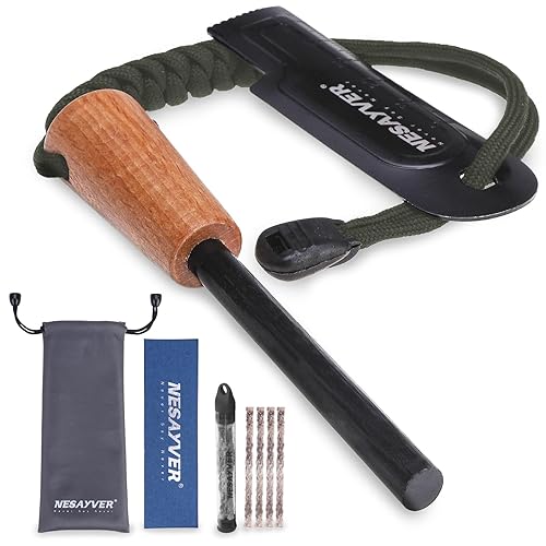 NESAYVER Fire Starter Survival Tool,3x5/16 Ferro Rod with Paracord Lanyard with Tinder Wick Rope Multi-Tool Striker and Wooden Handle, Flint and Steel Fire Starter Kit,Outdoor (Black+Green)