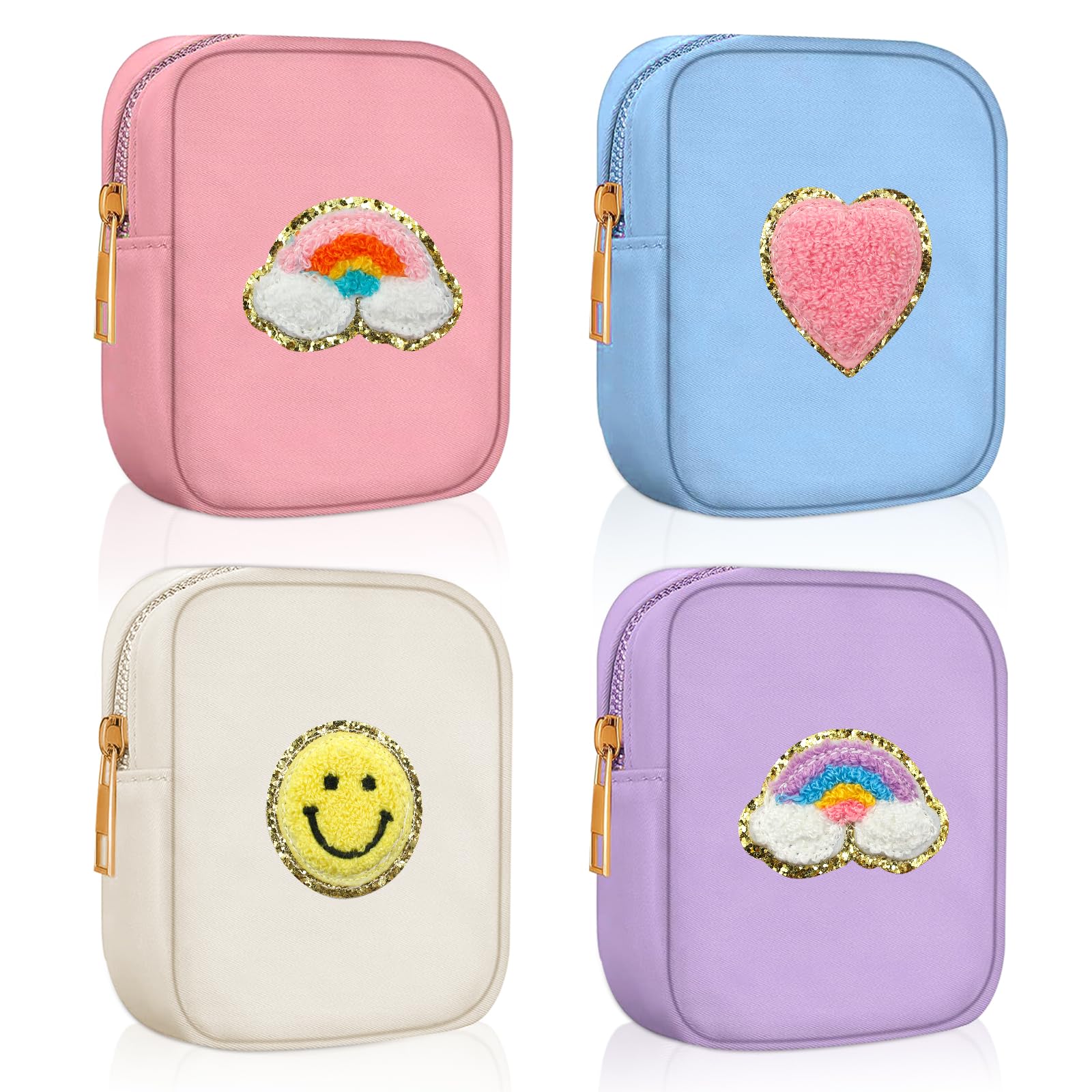 4 Pcs Cute Makeup Pouch with Patches, Zippered Toilet & Skincare Bag, Suitable for Shopping & Traveling
