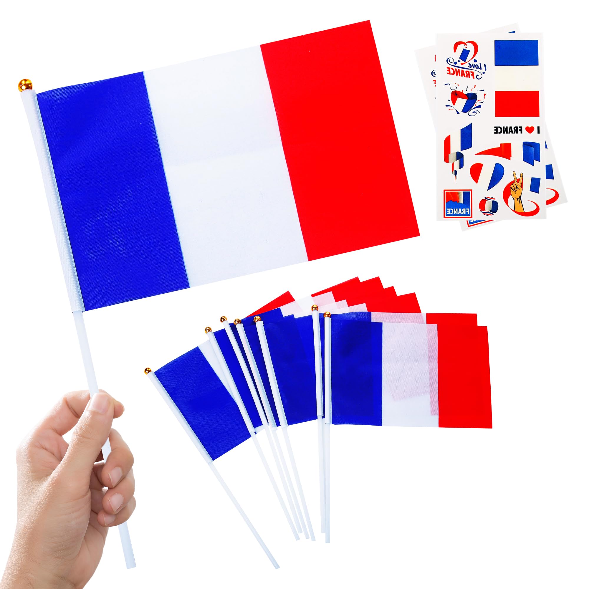 10pcs Small French Flags on Sticks & 2pcs Tattoos, Mini France Flags for Oly Games 2024, Football Sports Events, National Day Party Decorations