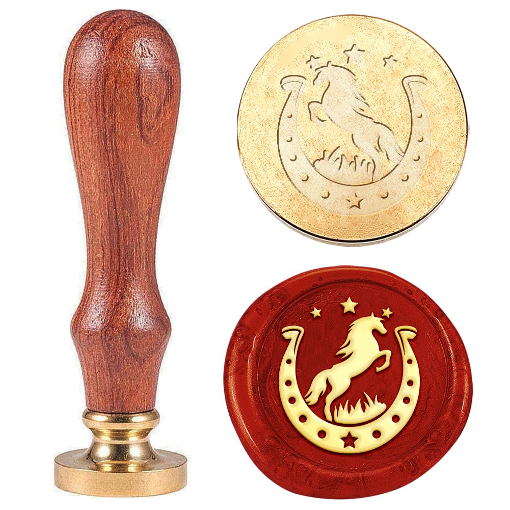 Hobbspring 1pc Horse Wax Sealing Stamp Vintage Horseshoe Wax Seal Stamp 25mm Removable Brass Head Stamp with Wooden Handle for Envelope Invitation Card Gift Decoration Back to School