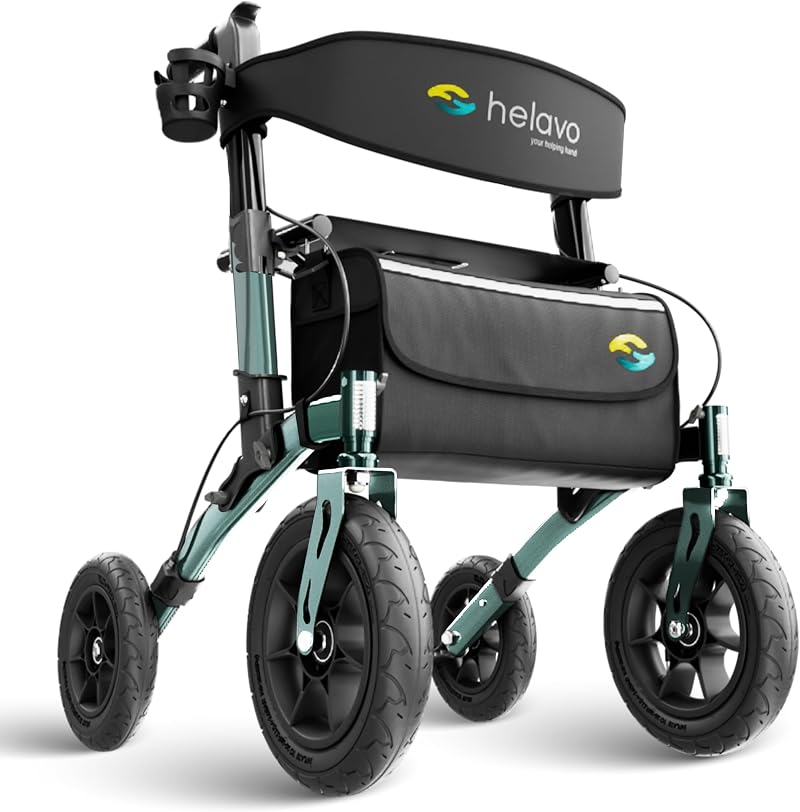 Helavo All Terrain Rollator Walker with Seat 12" Pneumatic Tires Foldable