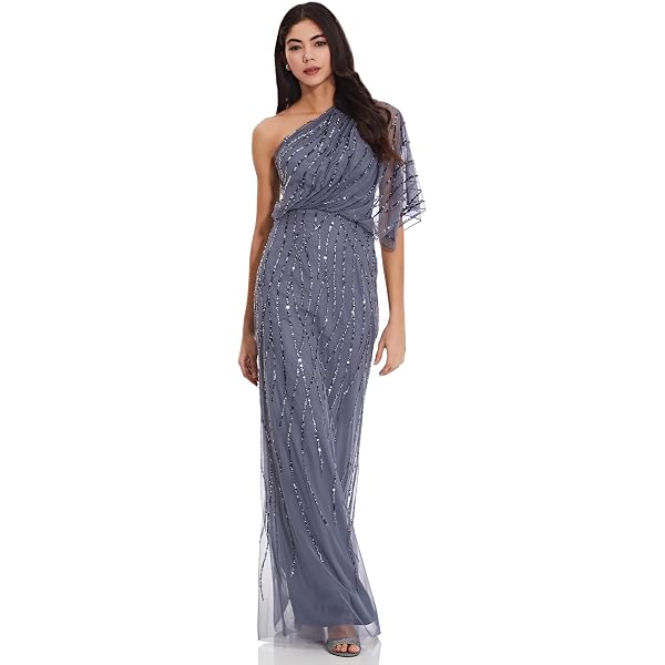 adrianna papell women's beaded mermaid long dress Floral Beaded Mermaid Gown With Flutter Cap Sleeves In Light Champagne