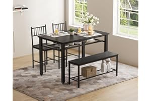 Joankaren Farmhouse Kitchen Table Chairs Set for 4 – 47” Modern Dining Table with Bench & Chairs, Storage Shelf & Metal Frame