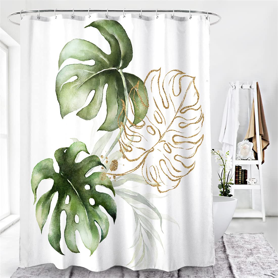 Lindong Plant Shower Curtain 240 x 200 cm Water-Repellent Anti-Mould Fabric Bathroom Curtain Motif B 180 x 200 cm