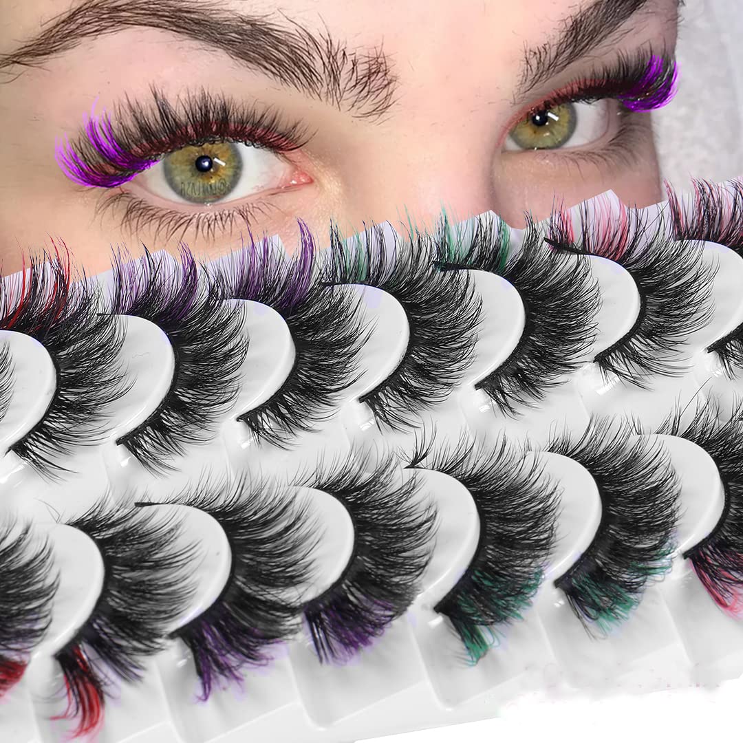 BSLVWG Coloured False Eyelashes Russian Strip Lashes Faux Mink Lashes Colored Lashes Fluffy Wispy with Color (7 MIX Colors) (02), 1.0 count, Pack of 1