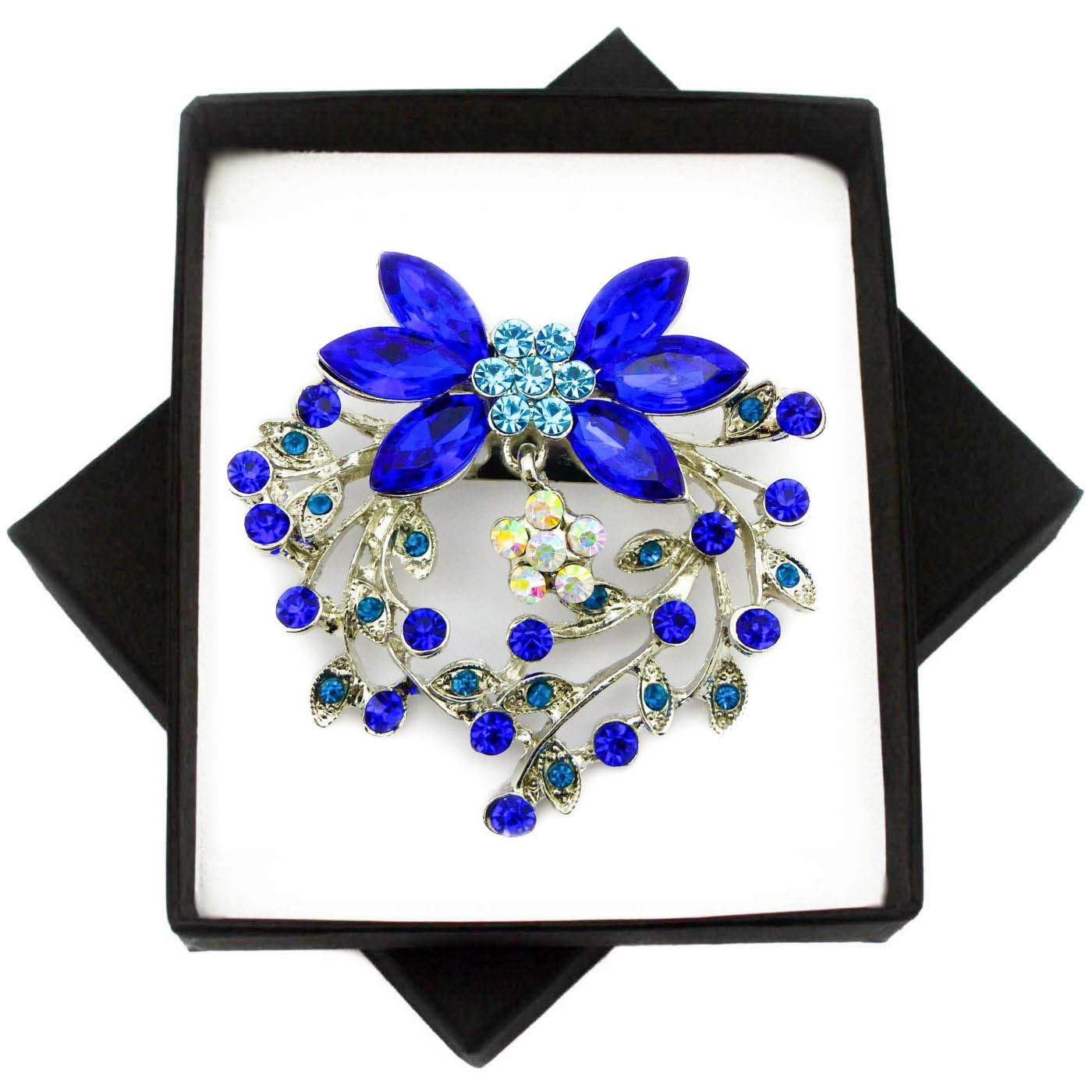 NEW BLUE CRYSTAL SILVER BROOCH DANGLE FLOWER PIN FOR WOMEN IN BLACK PRESENTATION BOX from UK SELLER