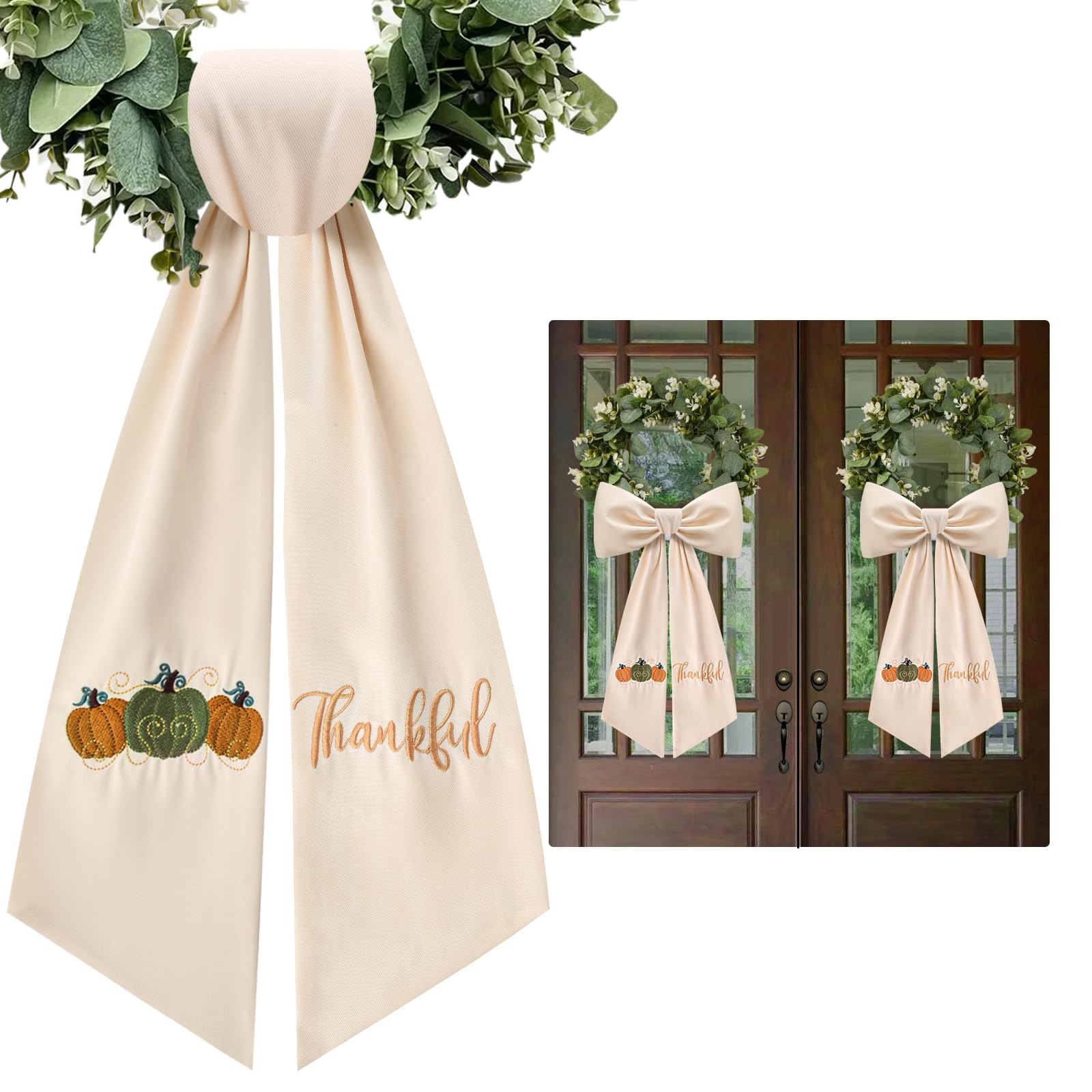 Photo 1 of 2 Pcs Thankful Wreath Sash for Front Door Embroidery Pumpkin Ribbon Sash for Fall Thanksgiving Yard Porch Decor