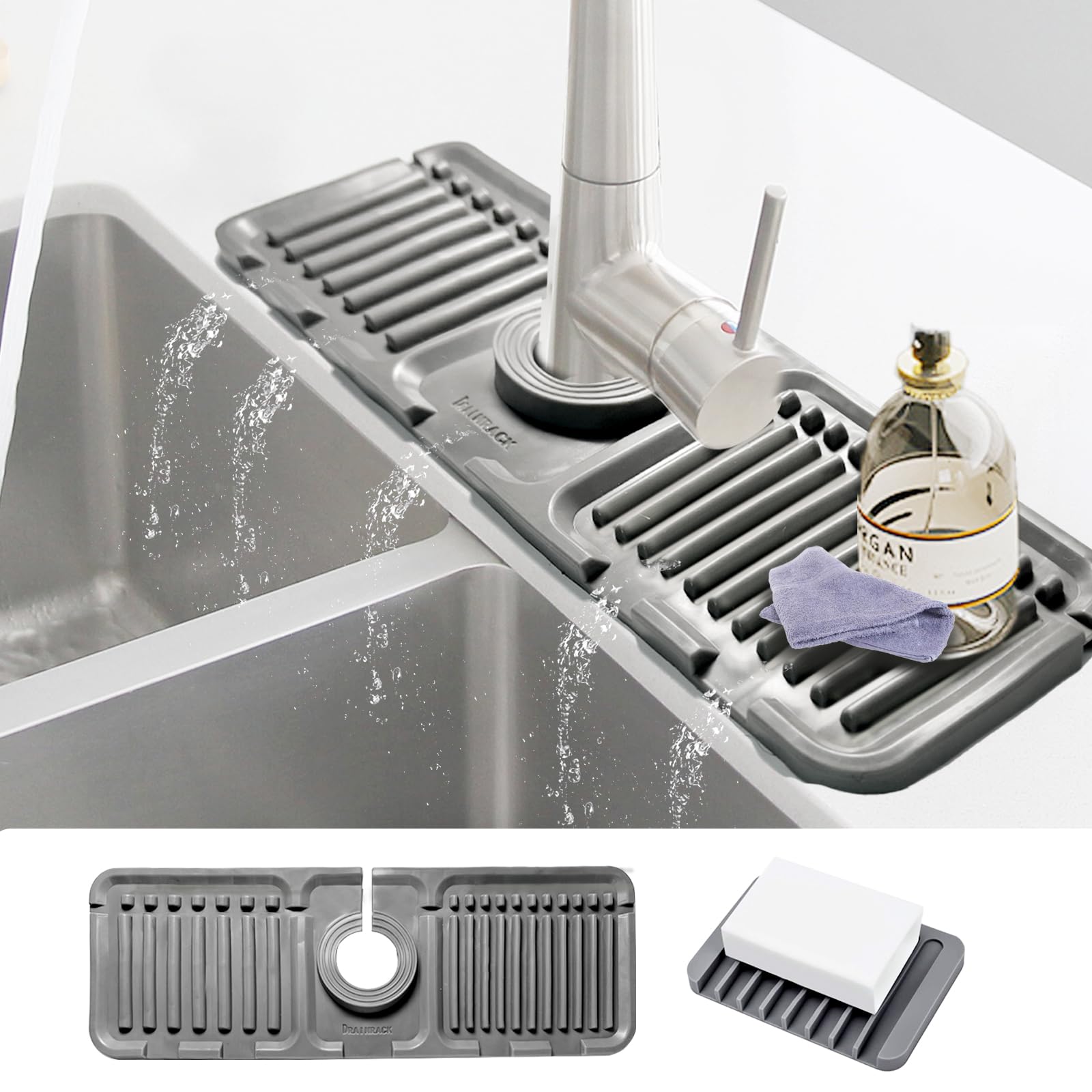 Photo 1 of Daily Treasures 2Pack 13"x4.7" Silicone Faucet Splash Guard & Soap Dish, 5° Large Slope Sink Splash Guard, Kitchen Sink Splash Guard Sink Faucet Mat for Bashroom Kitchen Sink (Grew)