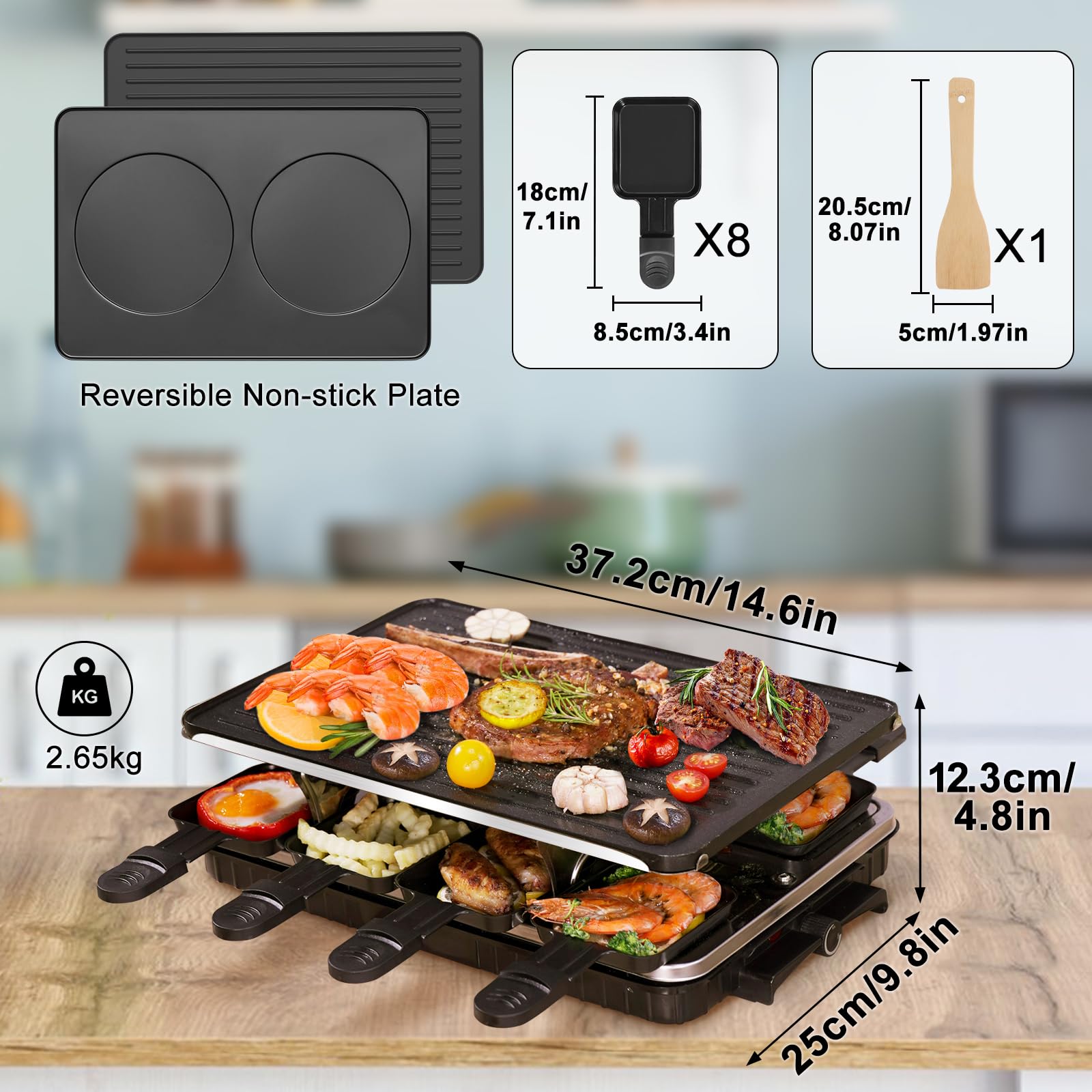Raclette Grill, Indoor Grills Electric Smokeless Korean BBQ Grill Table, 2 in 1 Electric Griddle Nonstick with 8 Raclette Cheese Pans Adjustable Temperature Control 1300W Ideal for Family & Party Fun
