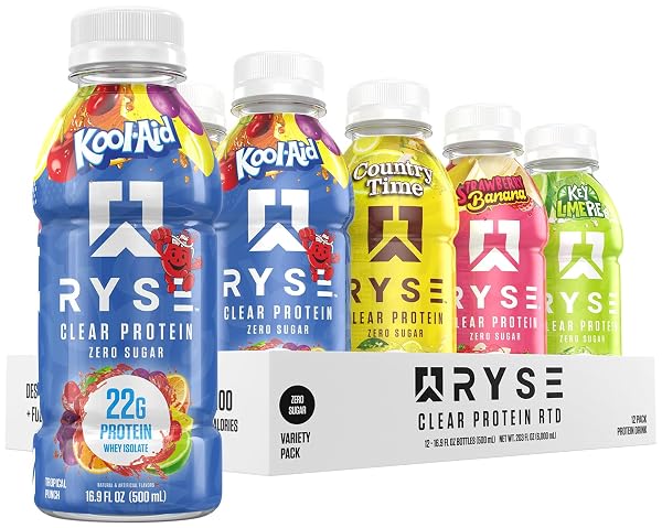 RYSE CLEAR PROTEIN DRINK – VARIETY PACK – 100 CALORIES, 22G WHEY ISOLATE PROTEIN SHAKE, SUGAR-FREE, 0G FAT & LACTOSE-FREE – REFRESHING READY-TO-DRINK BEVERAGE – 16.9 FL OZ BOTTLES (12-PACK)