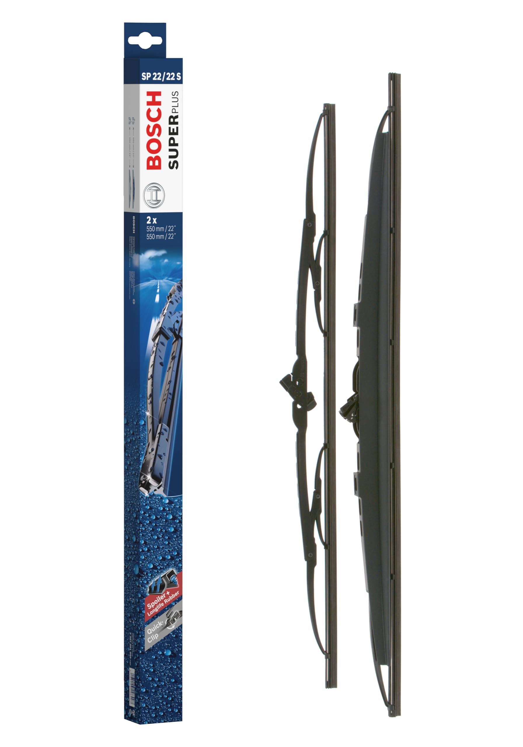 Bosch Wiper Blade Super Plus Spoiler SP22/22S, Length: 550mm/550mm − Set of Front Wiper Blades