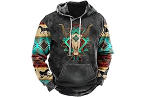 PORCLAY Men's Western Hoodie Aztec Cowboy Hooded Sweatshirt Country Graphic Print Oversized Pullover Shirts with Pocket