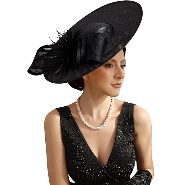 Big Wide Brim Fascinator Hats for Women Kentucky Church Tea Party Dress  Flat Top Fedoras Hat with Bow Feather Black at Amazon Women's Clothing store