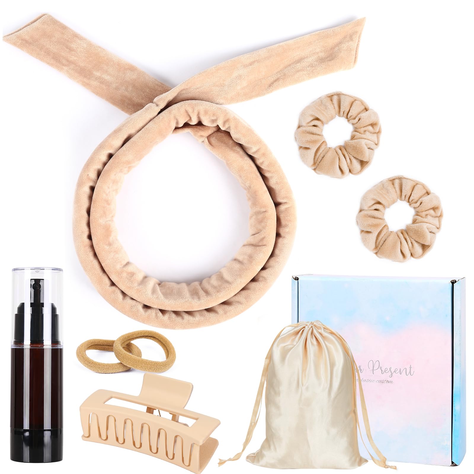 Heatless Curlers Headband, Heatless Curls Set, Soft Velour Heatless Hair Curler, Hair Curlers No Heat for Short & Long Hair (Khaki)