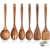 Boxiki Kitchen Luxury Teak Wood Utensil Set - Elegant 6-Piece Cooking Ensemble Including Spoons, Server, Scraper &amp; Spatula - Expertly Crafted for Culinary Excellence