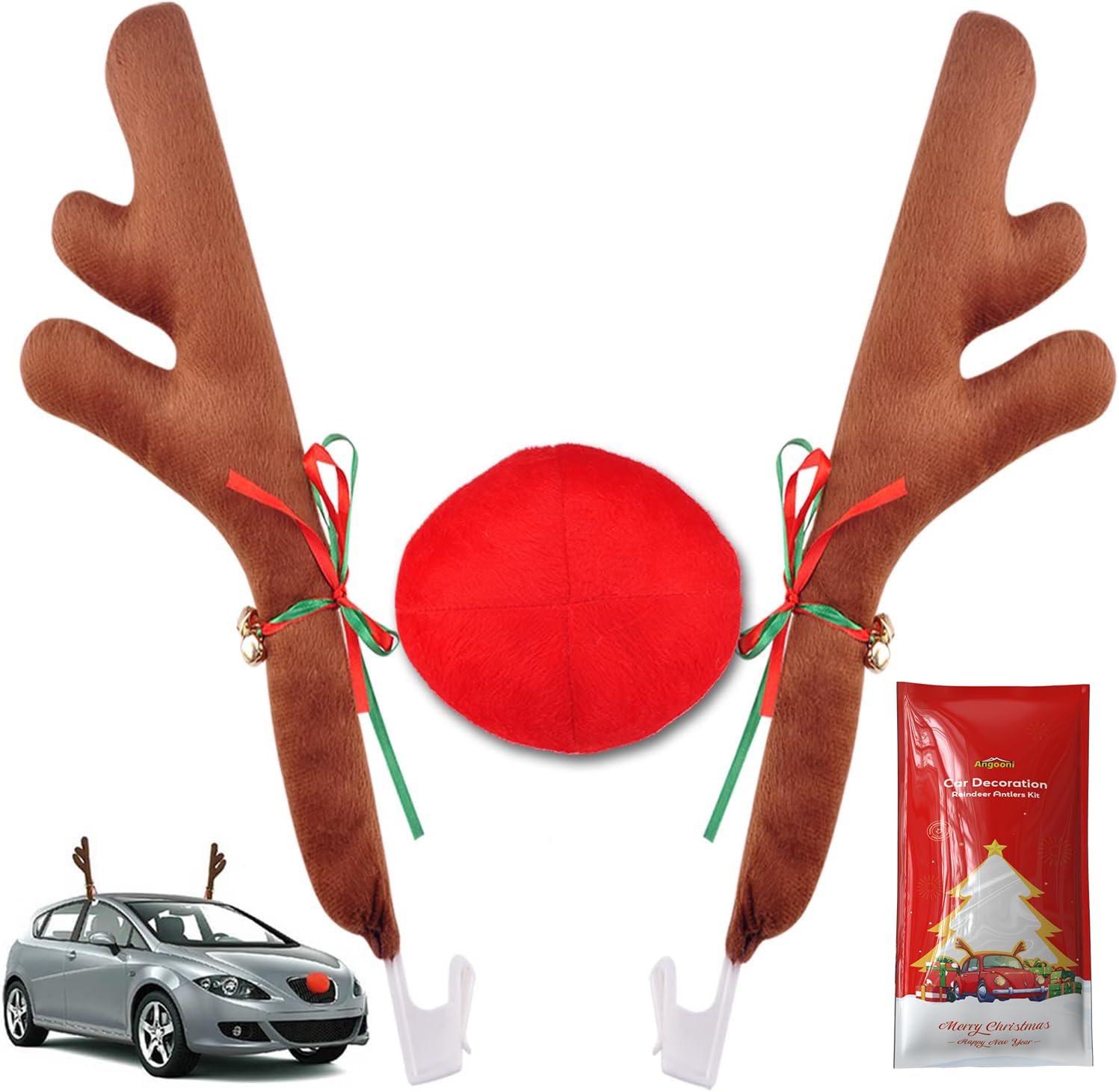Photo 1 of Angooni Christmas Reindeer Antlers & Nose for Car Auto Decoration, Cute Rudolph Reindeer Jingle Bell Added to Holiday Spirit(Large Size)