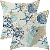 Nautical Coastal Throw Pillow Cover 16X16 Inch Pack of 2,Summer Beach Ocean Themed Decorative Pillow Covers Square Linen Starfish Seashell Pillow Cases Cushion for Bedroom Home Sofa Decoration