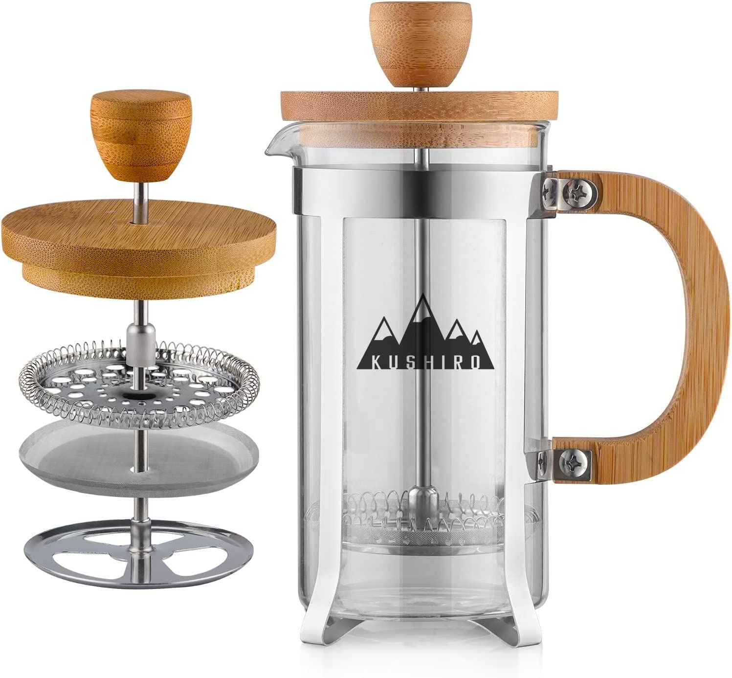KUSHIRO Wooden Cafetiere French Press Coffee Maker, Bamboo Coffee Plunger, Small Tea Press, 350ml/12oz 1-2 Cup, Silver, Glass and Bamboo (Silver)